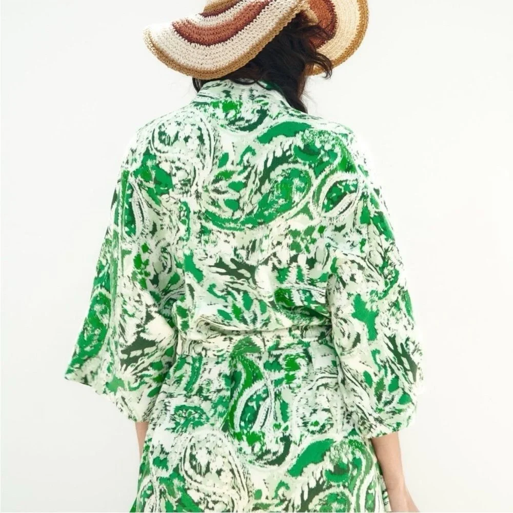 ZARA Linen Blend Printed Kimono Printed ✨ White + Green Size M/L - Picture 10 of 15